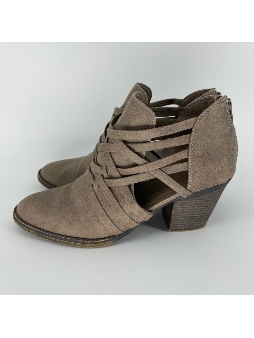 Fergalicious Jillie Booties in Tan, Strappy, Back Zip, Women's Size 10